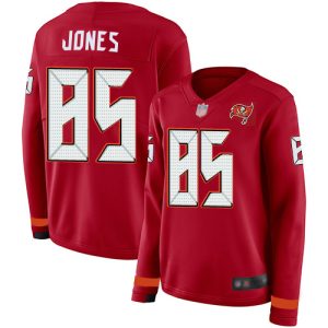 Amazing Buccaneers #85 Tom Brady Jones Red Team Color Women's Stitched NFL Limited Therma Long Sleeve Jersey