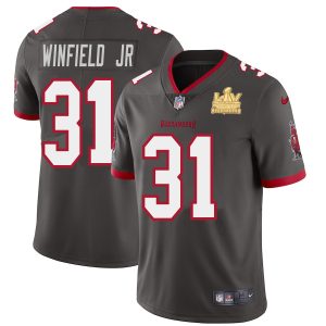 Amazing Tampa Bay Buccaneers #31 Antoine Winfield Jr. Youth Super Bowl LV Champions Patch Pewter Alternate Vapor Limited Jersey