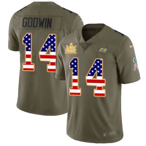 Stunning Buccaneers #14 Tom Brady Godwin Olive/USA Flag Men's Super Bowl LV Champions Patch Stitched NFL Limited 2017 Salute To Service Jersey