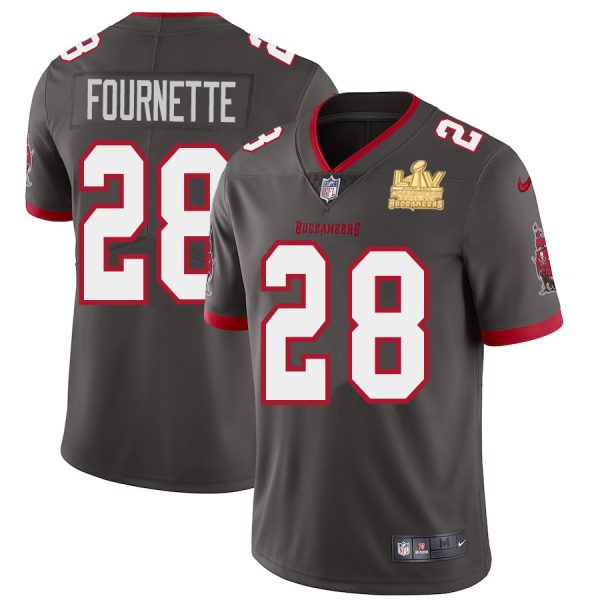 High quality Tampa Bay Buccaneers #28 Leonard Fournette Men's Super Bowl LV Champions Patch Pewter Alternate Vapor Limited Jersey