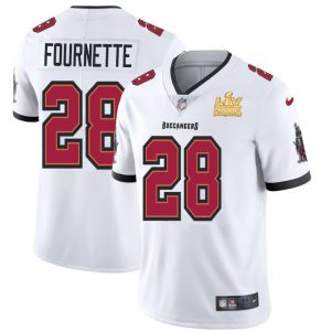 Amazing Tampa Bay Buccaneers #28 Leonard Fournette Men's Super Bowl LV Champions Patch White Vapor Limited Jersey