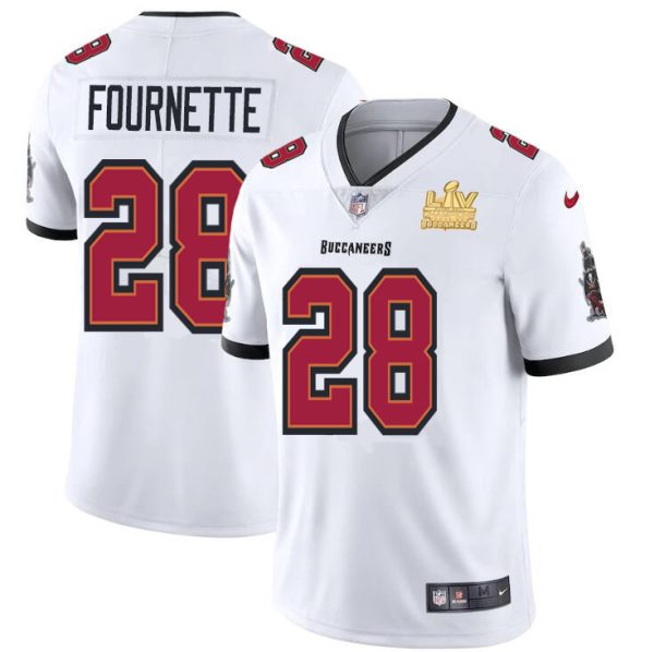 Amazing Tampa Bay Buccaneers #28 Leonard Fournette Men's Super Bowl LV Champions Patch White Vapor Limited Jersey